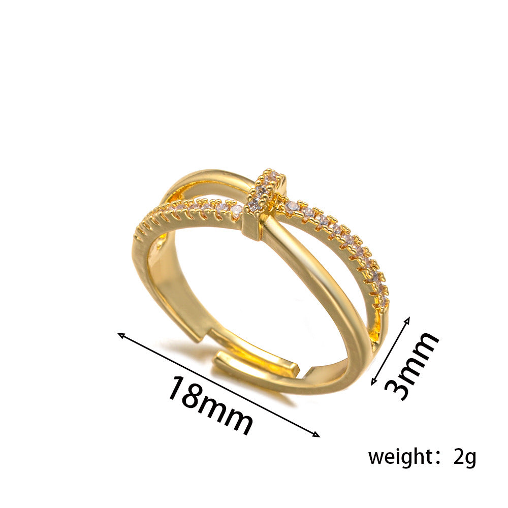 Minimalist Cross-Knotted Ring for Women with Micro-Pavé Rhinestones in Gold-Plated Copper, Geometric Open-Ended Design