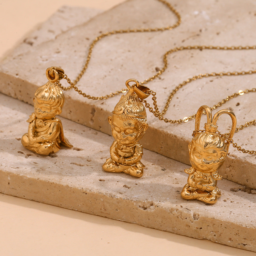 Collana con ciondolo in acciaio inossidabile con personaggio cartone animato minimalista placcato oro 18 carati e design 3D Re Scimmia