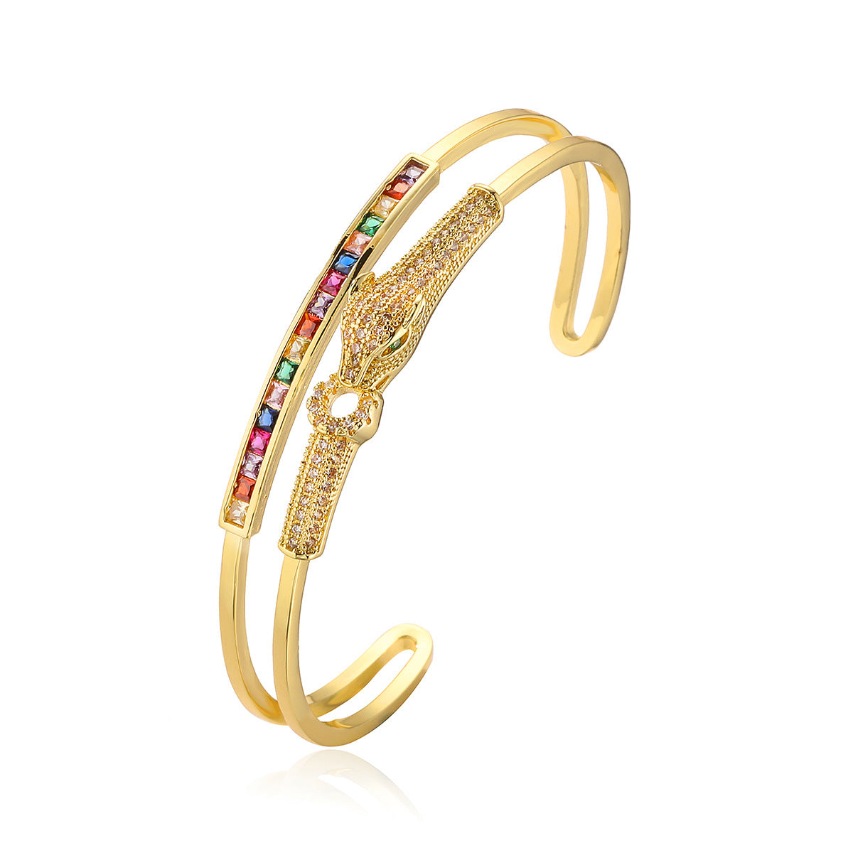 Bracciale a Polsino da Donna in Rame con Stampa Leopardata Geometrica alla Moda e Accenti in Zirconia Micro-Pavé