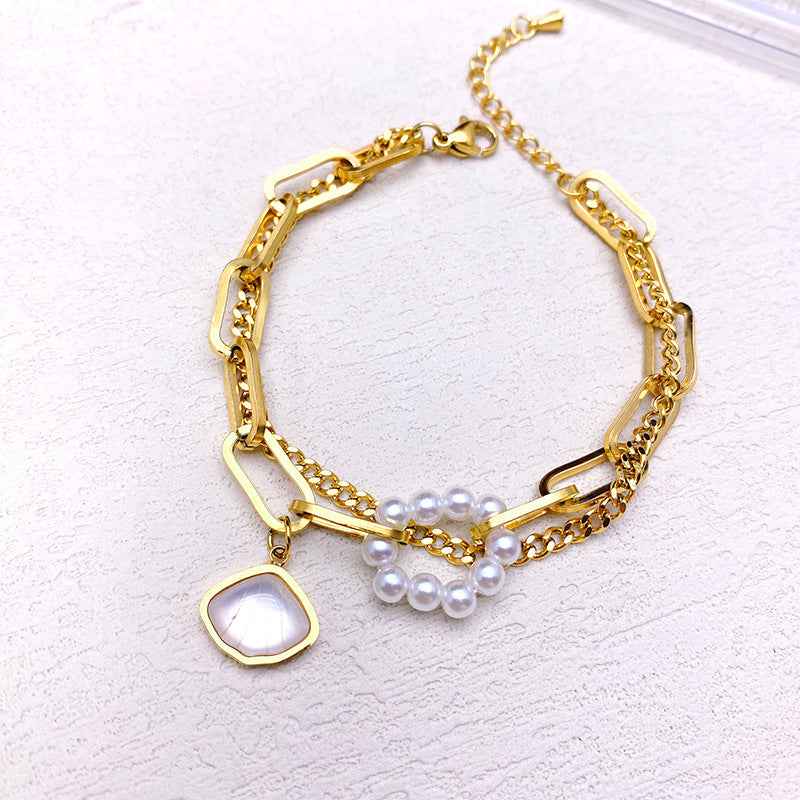 Pulsera gruesa de doble capa de acero titanio hipoalergénico para mujer con chapado en oro de 18K, incrustaciones de nácar ojo de gato y perlas, diseño geométrico, estilo de lujo minimalista