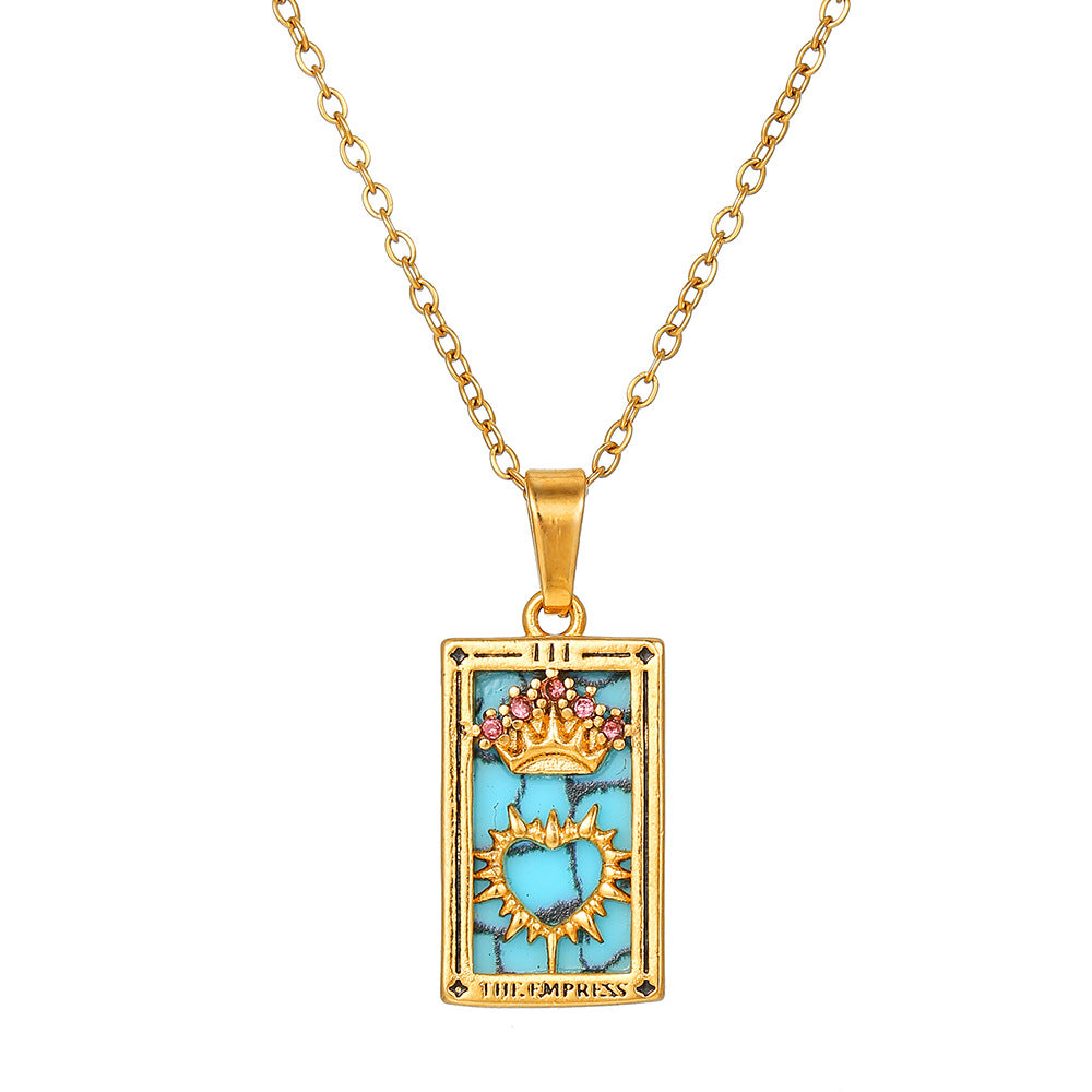 Vintage Casual Rectangle Drip Oil Cubic Zirconia Stainless Steel Necklace with Geometric Tarot Pendant Cable Chain Unisex