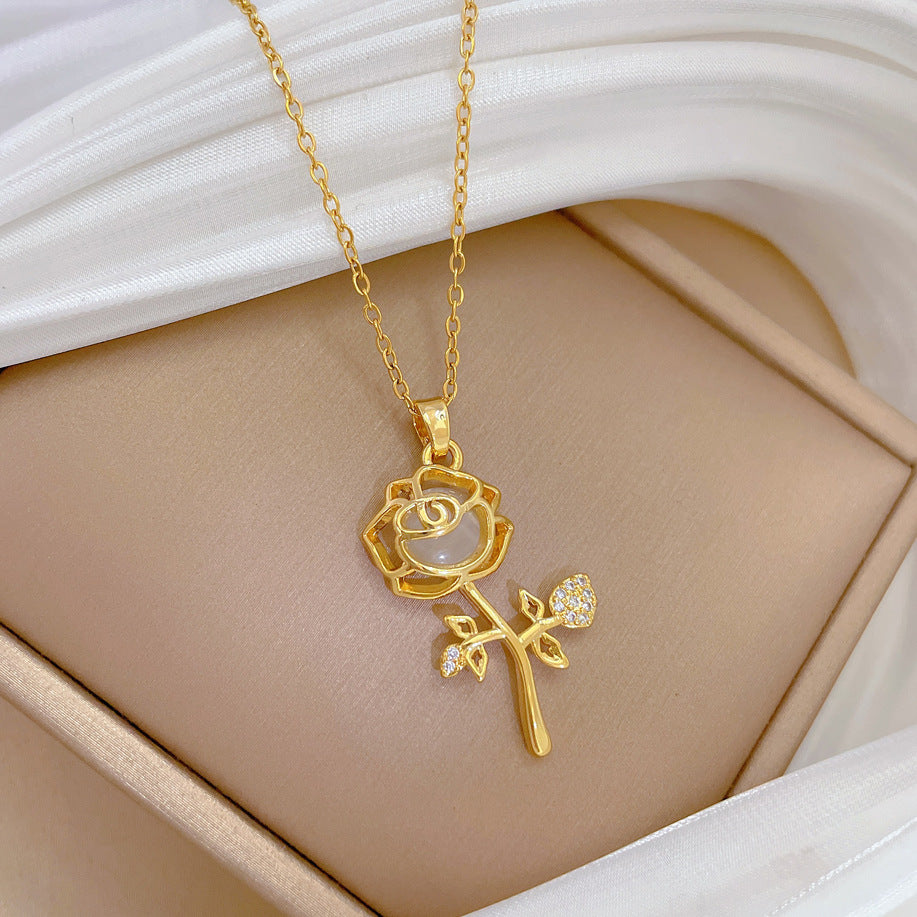 Sweet Floral Cat's Eye Rhinestone Necklace Titanium Steel Cable Chain for Women and Men