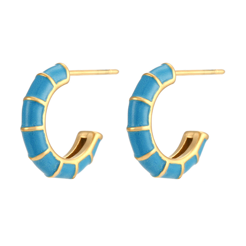Fashionable Geometric Wheel-Shaped Stainless Steel Earrings with 18K Gold Plating and Enamel Coloring for Women