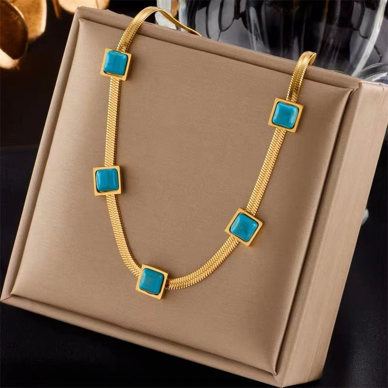 Bohemian Geometric Turquoise Square Pendant Necklace for Women Titanium Steel Snake Chain with Gold Plating