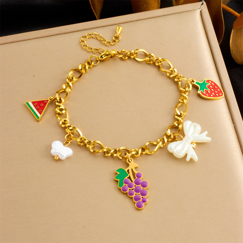 Elegant Cartoon Drip Oil Plated Stainless Steel Butterfly Fruit Jewelry Set with Serpentine Chain for Women