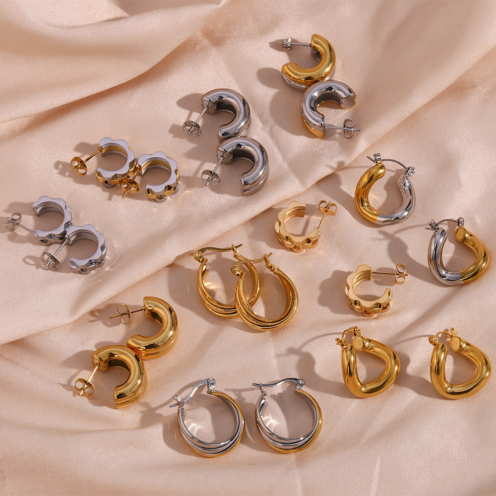 Minimalist Geometric Double-Layer C-Shaped Stainless Steel Hoop Earrings with Plated Finish