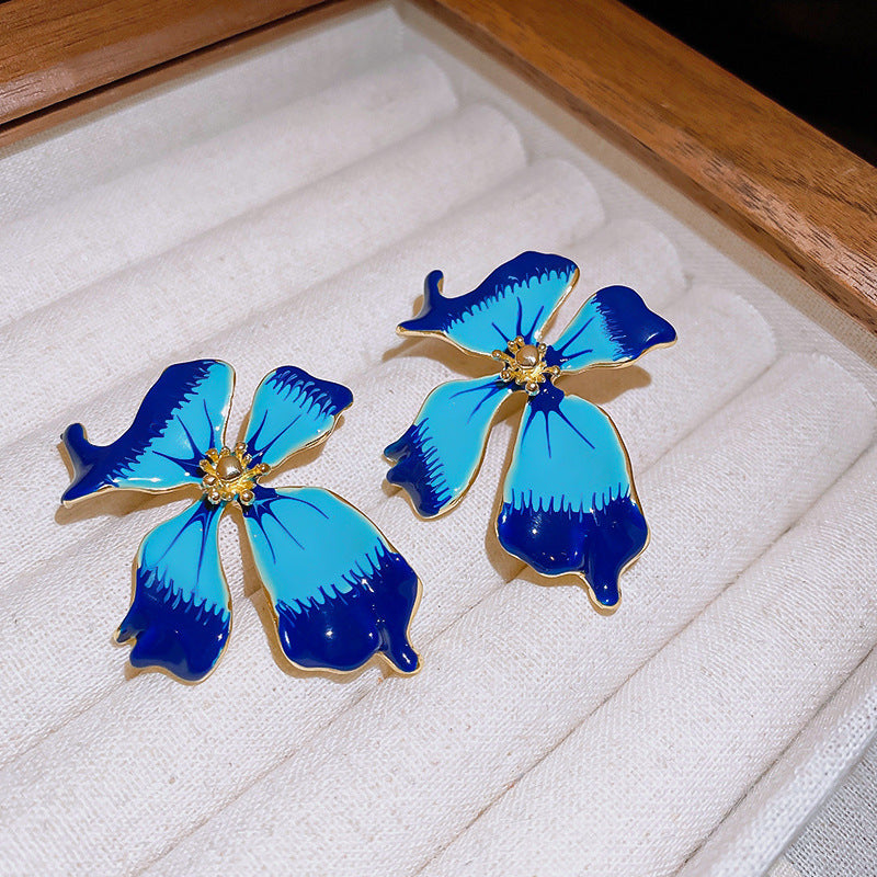 Vintage Floral and Geometric Enamel Earrings for Women with Gold-Plated Brass Base and Stainless Steel Posts