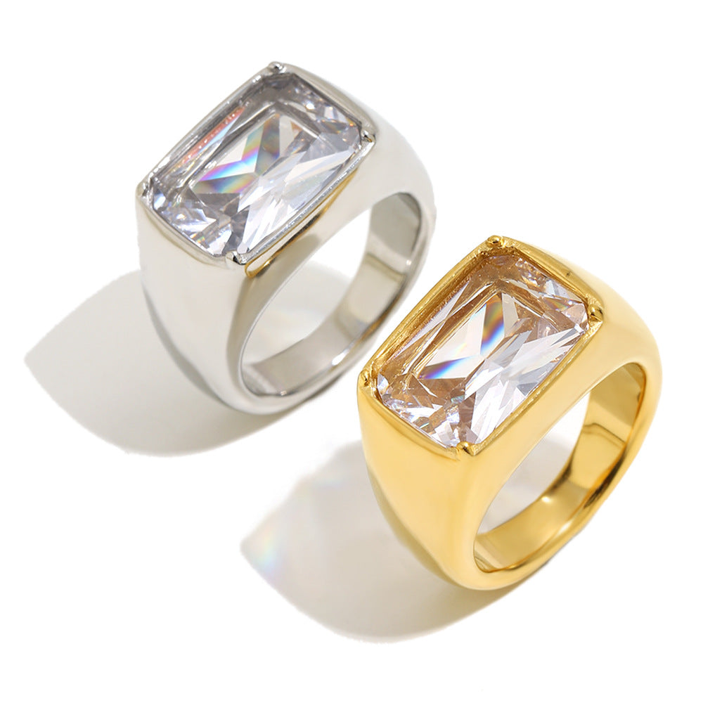 Anillo de lujo minimalista chapado en oro de 18 quilates de acero inoxidable con circonita cuadrada geométrica para mujer