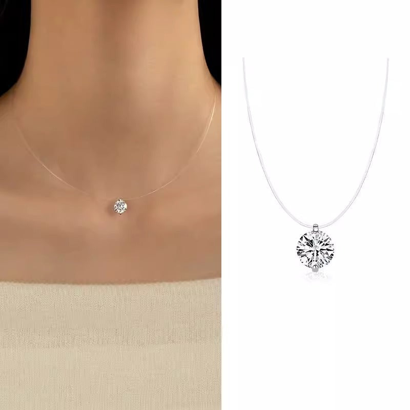 Luxury Teardrop Cubic Zirconia Pendant Necklace Brass Invisible Fish Line Choker for Women Unisex