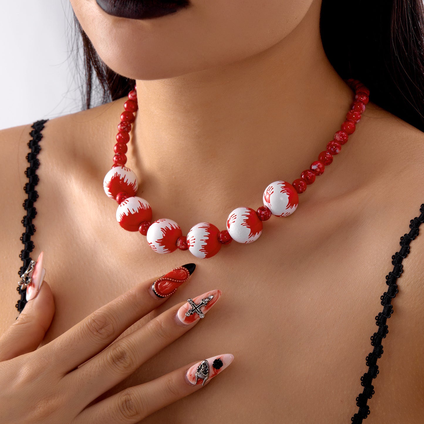 Collar gótico oscuro hecho a mano con cuentas de madera, estampado de murciélago y fantasma, colgante de forma geométrica, joyería unisex de Halloween