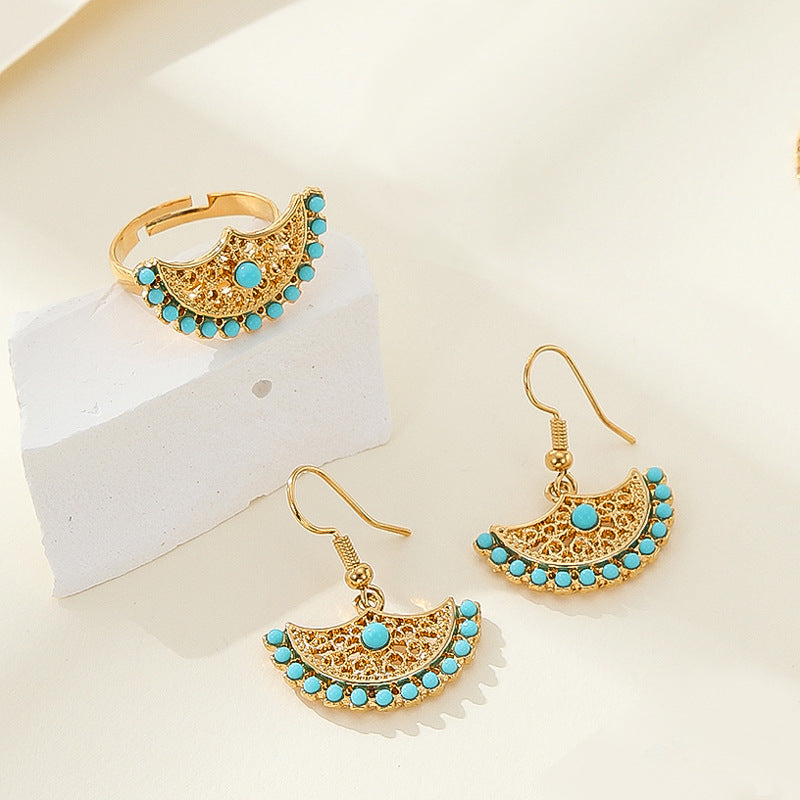 Conjunto minimalista de collar y pendientes de aleación con forma de abanico y acabado chapado, estilo retro americano, para mujer