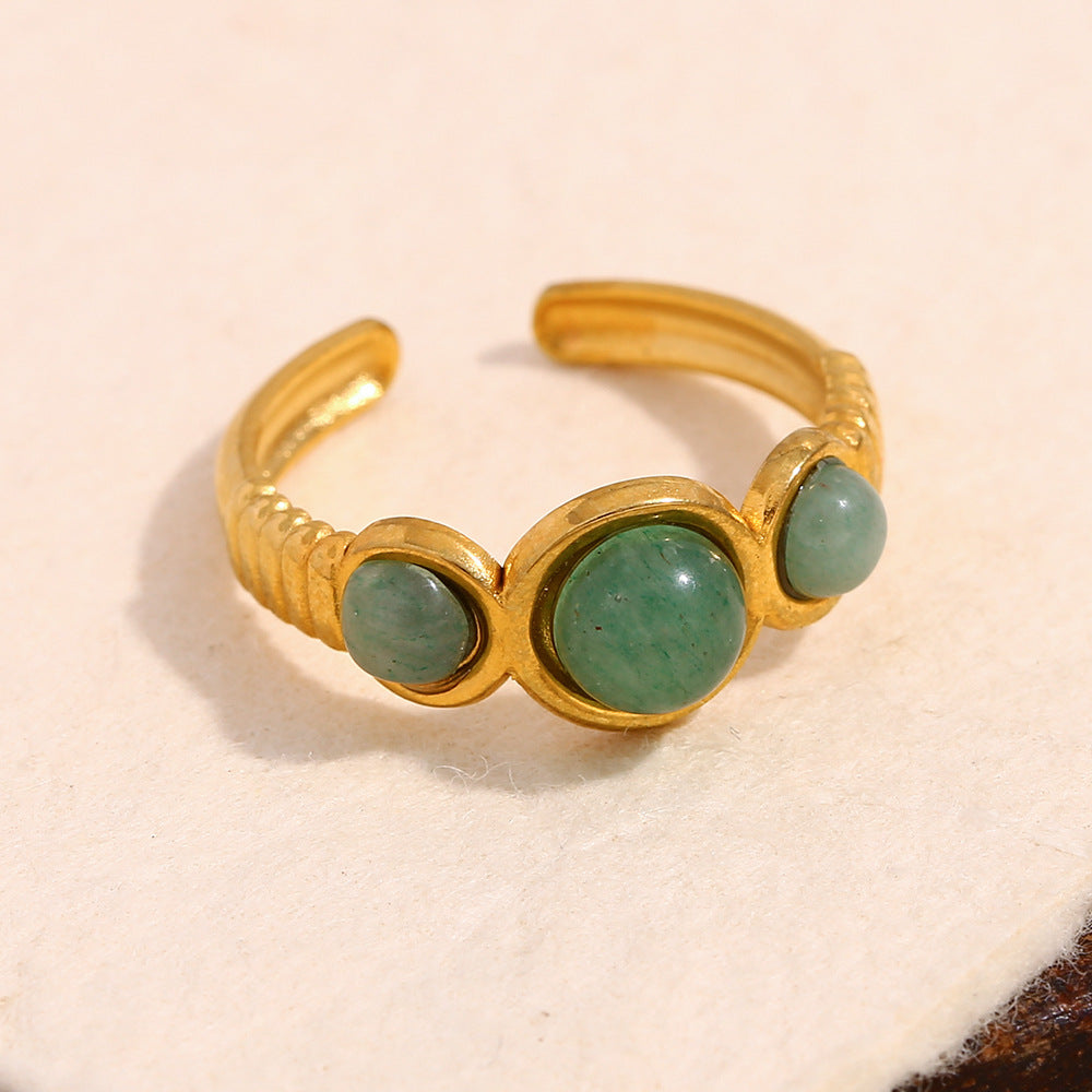 Minimalist Vintage Geometric Stainless Steel Ring with 18K Gold Plating and Green Aventurine Accents for Women