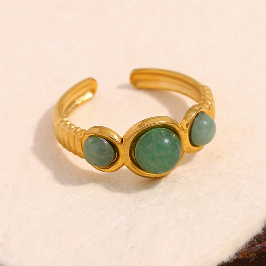 Minimalist Vintage Geometric Stainless Steel Ring with 18K Gold Plating and Green Aventurine Accents for Women