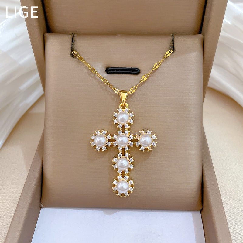 Sweet Pearl Rhinestone Cross Titanium Steel Necklace for Unisex
