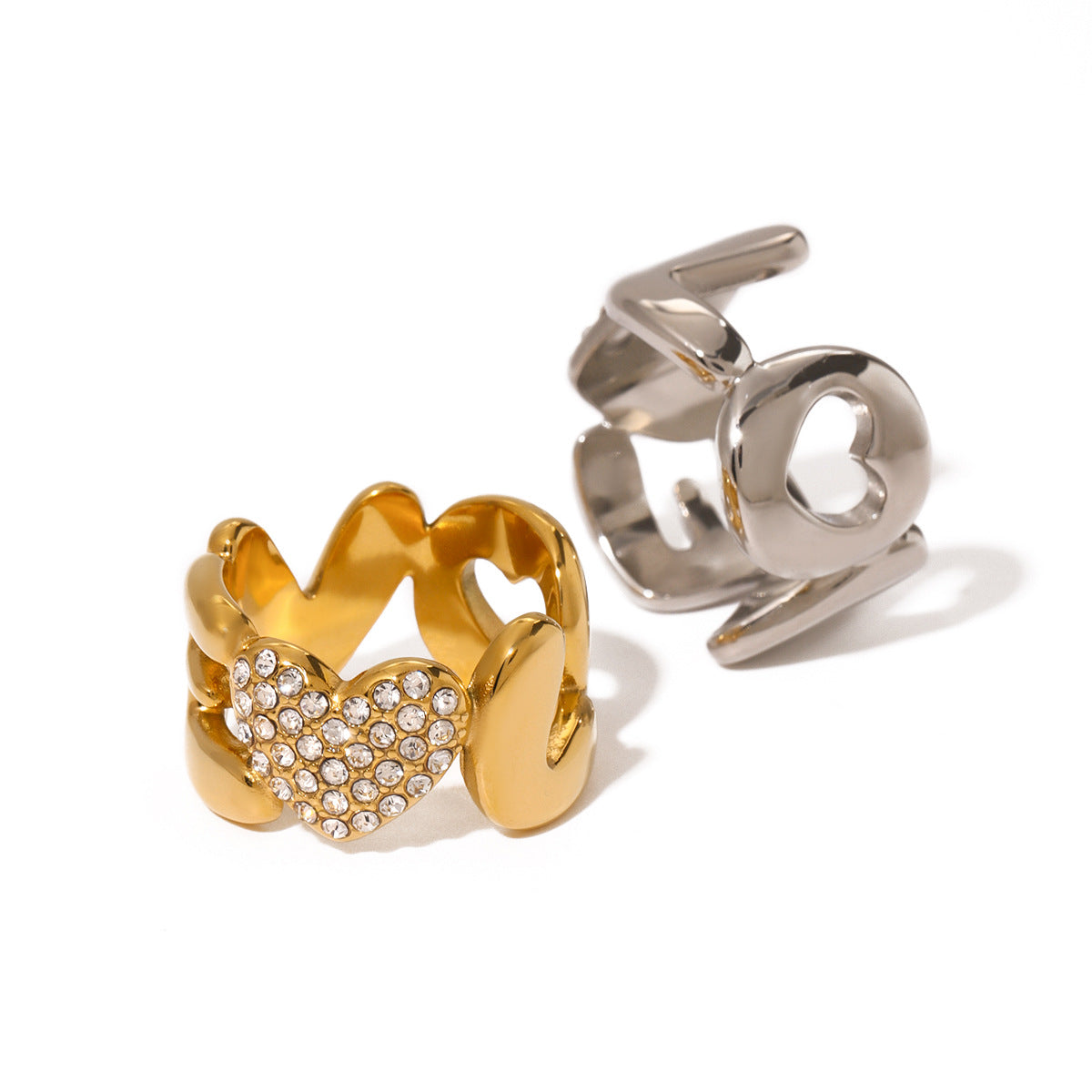 Minimalist 18K Gold Plated Stainless Steel Love Letter Heart Ring with Rhinestone Inlay Unisex