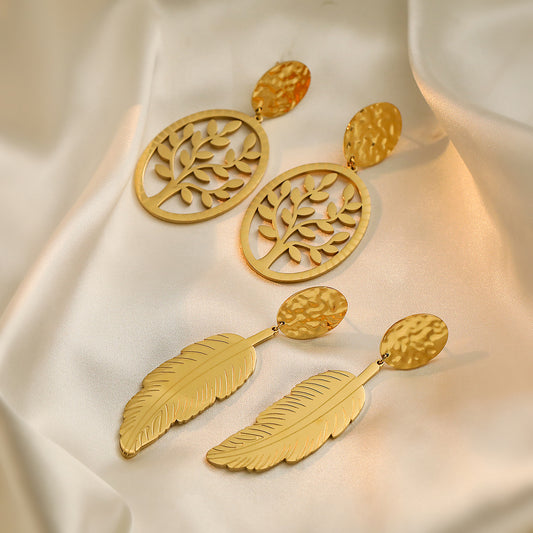 Minimalist Leaf-Shaped Titanium Steel Earrings for Women with Real Gold Plating, Vintage-Inspired and Versatile Fashion Jewelry