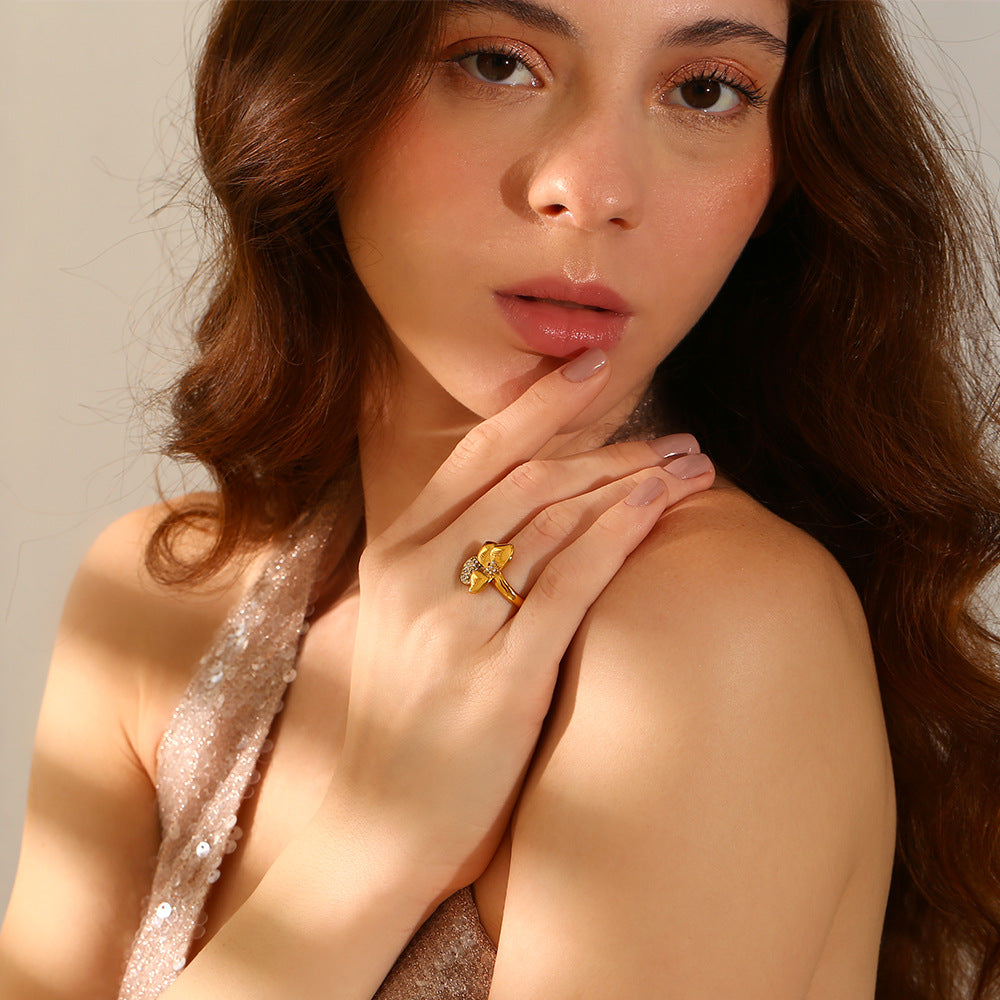Anello da donna in acciaio inossidabile placcato oro 18K con motivo floreale e spighe di grano d'ispirazione vintage