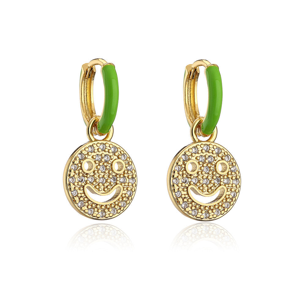 Sweet Geometric Drip Oil Brass Micro-Paved Cubic Zirconia 18K Gold Plated Smile Earrings