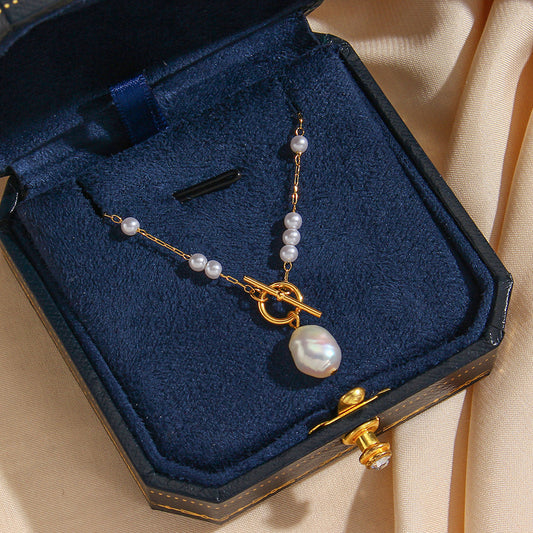 Collar minimalista con colgante de perla barroca para mujer, con cadena de serpiente de acero inoxidable y chapado en oro de 18 quilates