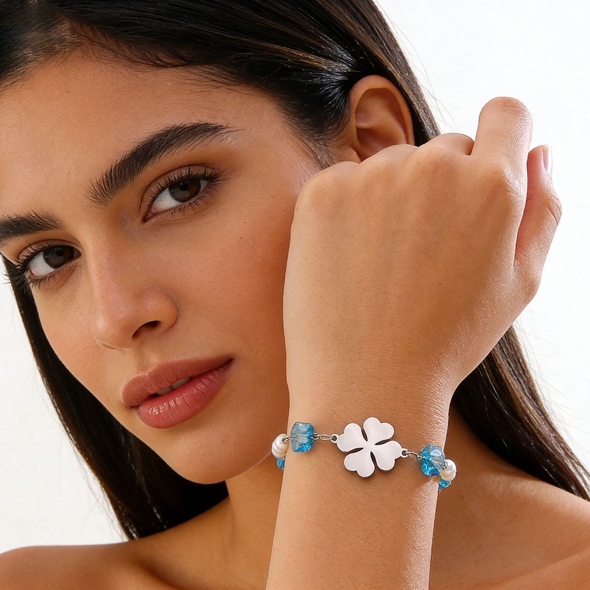 Vintage Floral Stainless Steel Bracelet with Pearl Inlay