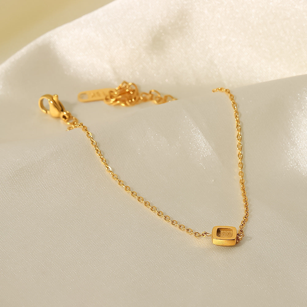 Minimalist Thin Bracelet with Geometric Square Pendant, 18K Gold-Plated Stainless Steel, Cubic Zirconia Accent, Women's Jewelry