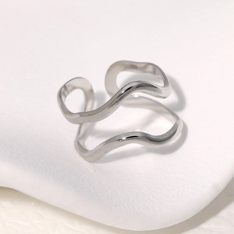 Minimalist Geometric Stainless Steel Open Ring with Asymmetrical Design and Electroplated Finish for Women