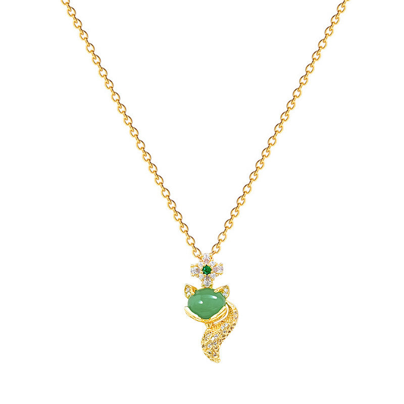 Collana Pendente Volpe Cartone Animato in Acciaio al Titanio con Intarsio di Zirconia Verde per Donna, Delicata Catena per Clavicole con Design Geometrico e Motivo Lunare Naturale