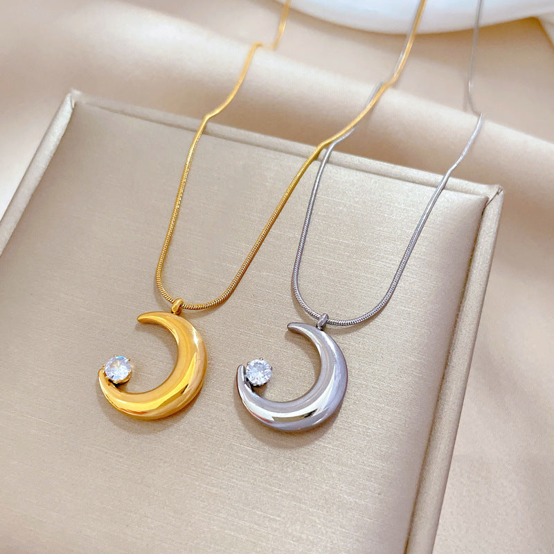 Minimalist Moon-Shaped Titanium Steel Necklace with Zircon Inlay for Women Fashionable Clavicle Chain