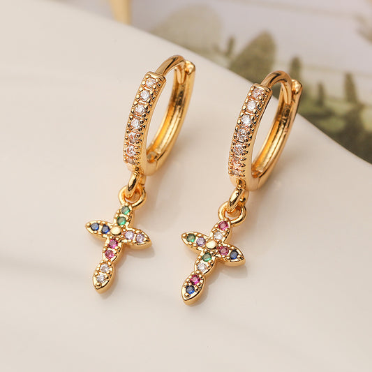 Orecchini a croce minimalisti da donna in ottone con placcatura in oro vero e intarsio in zircone