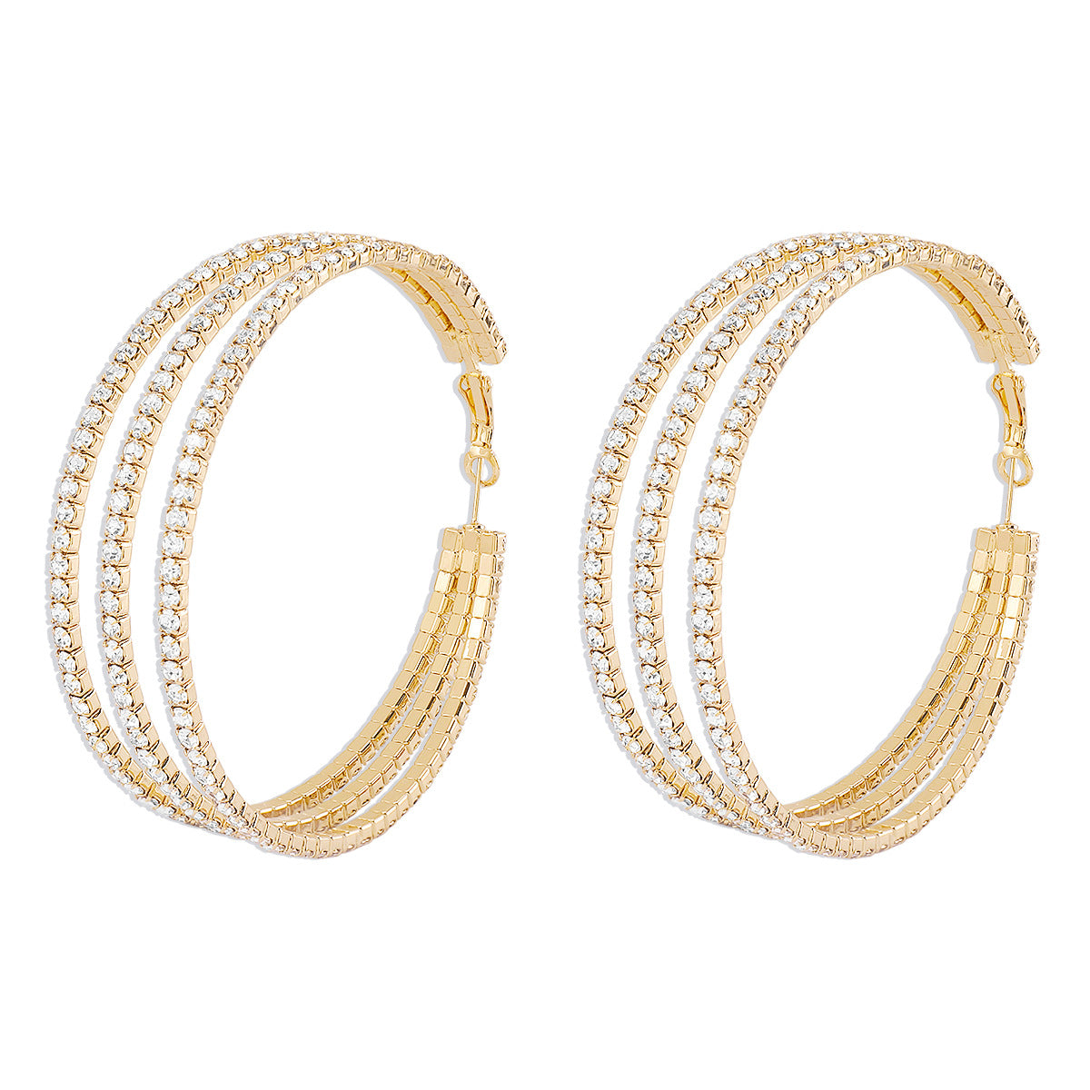 Pendientes de círculo geométricos superpuestos para mujer con incrustaciones de diamantes de imitación y construcción de aleación chapada