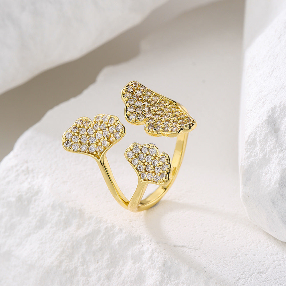 Anello Aperto Geometrico Minimalista da Donna Realizzato in Rame con Placcatura in Oro 18K e Intarsio di Zirconi