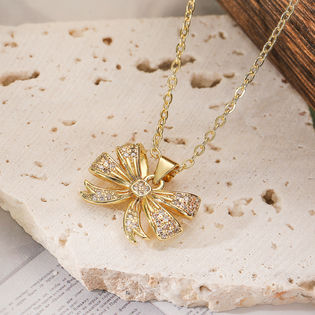 Minimalist Bow-Shaped Copper Necklace with Real Gold Plating for Women