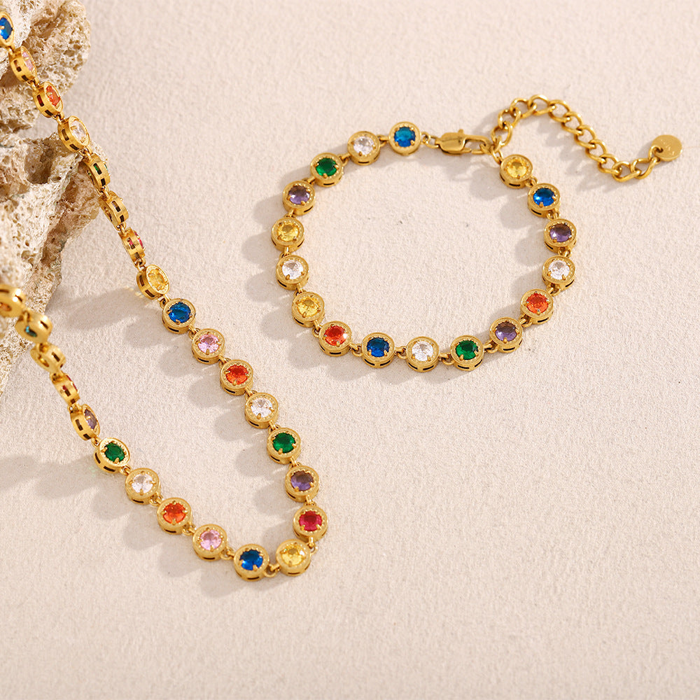 Minimalist Geometric Pendant Necklace and Bracelet Set in Stainless Steel with 18K Gold Plating and White Zircon Accents for Women