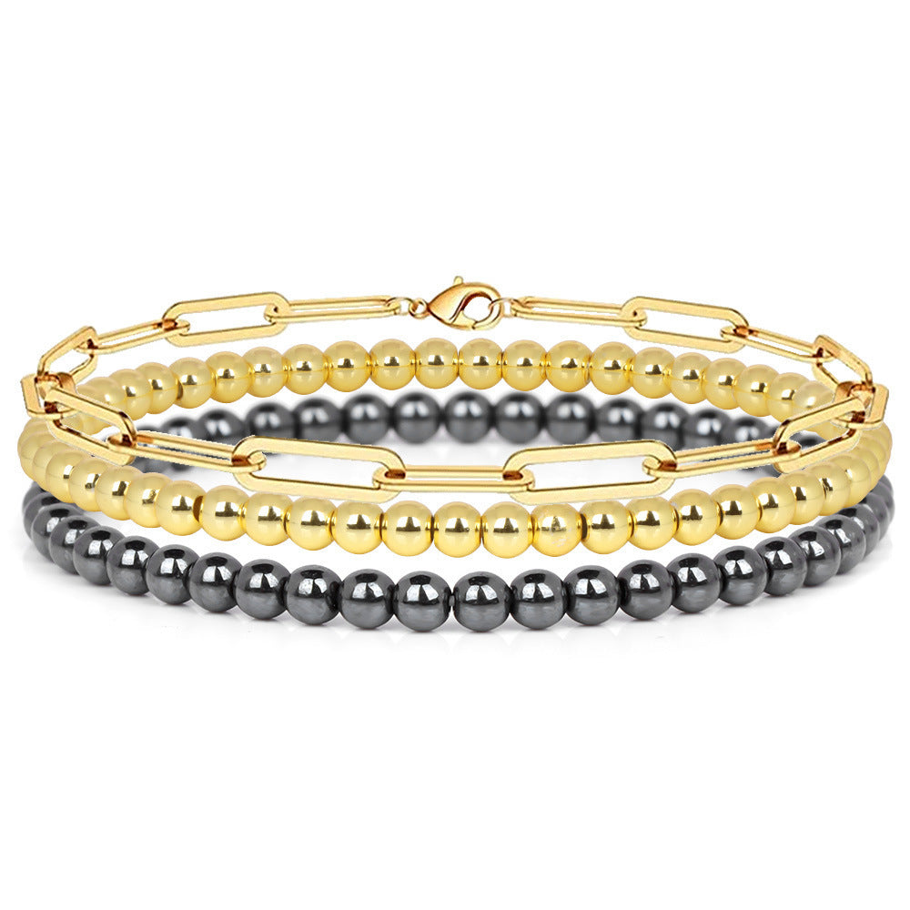Minimalist Geometric Natural Agate and Hematite Beaded Bracelet for Women