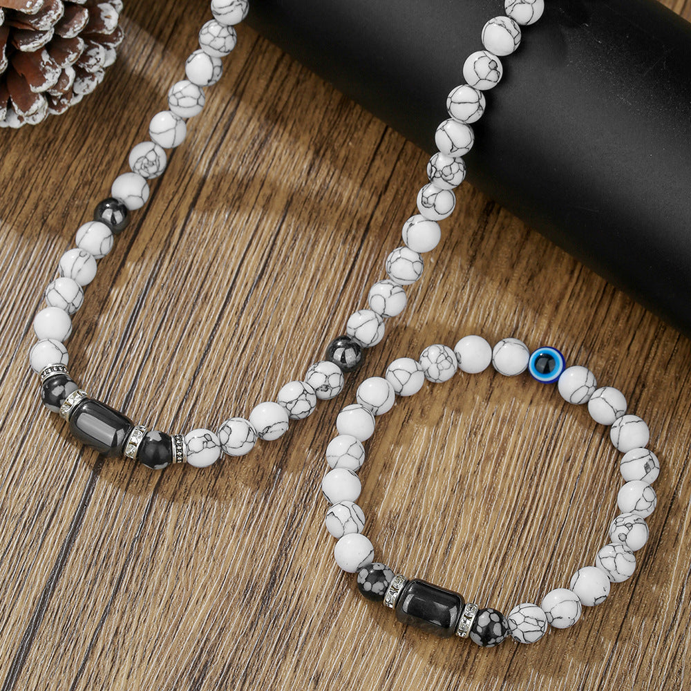 Fashion Geometric Round Howlite and Hematite Stone Handmade Necklace with Cable Chain for Women