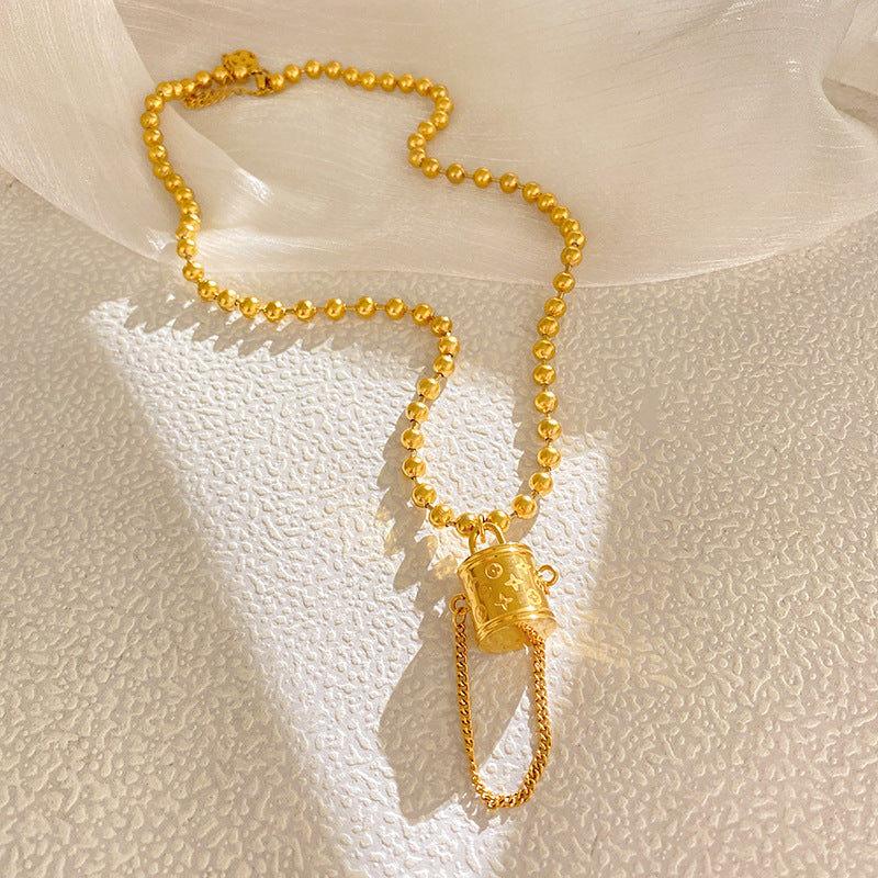 Luxury Gold Plated Titanium Steel Bag Charm Beaded Necklace for Unisex