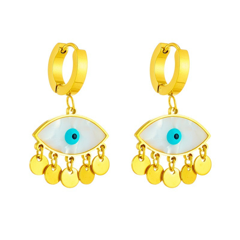 Aretes Colgantes Ovalados de Moda con Ojo Azul en Acero de Titanio con Acabado Chapado y Diseño Geométrico