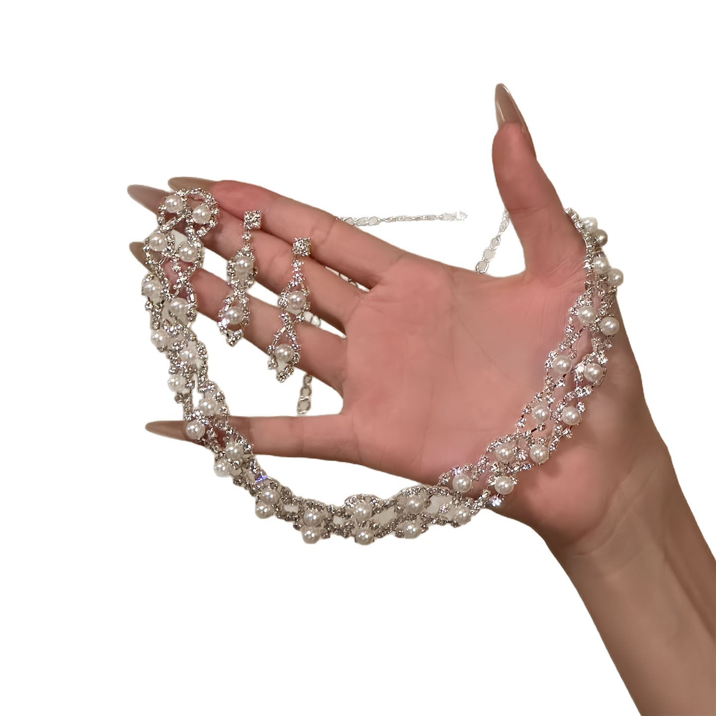 Elegante Set di Collana e Orecchini di Perle di Lusso con Intarsi di Strass, Motivo Floreale, Design Rotondo, Pendente in Lega, Catenina per Clavicola, da Donna