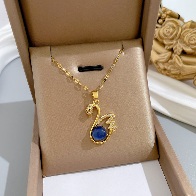 Minimalist Geometric Titanium Steel Necklace with Gold Plated Brass Pendant and Rhinestone Inlay