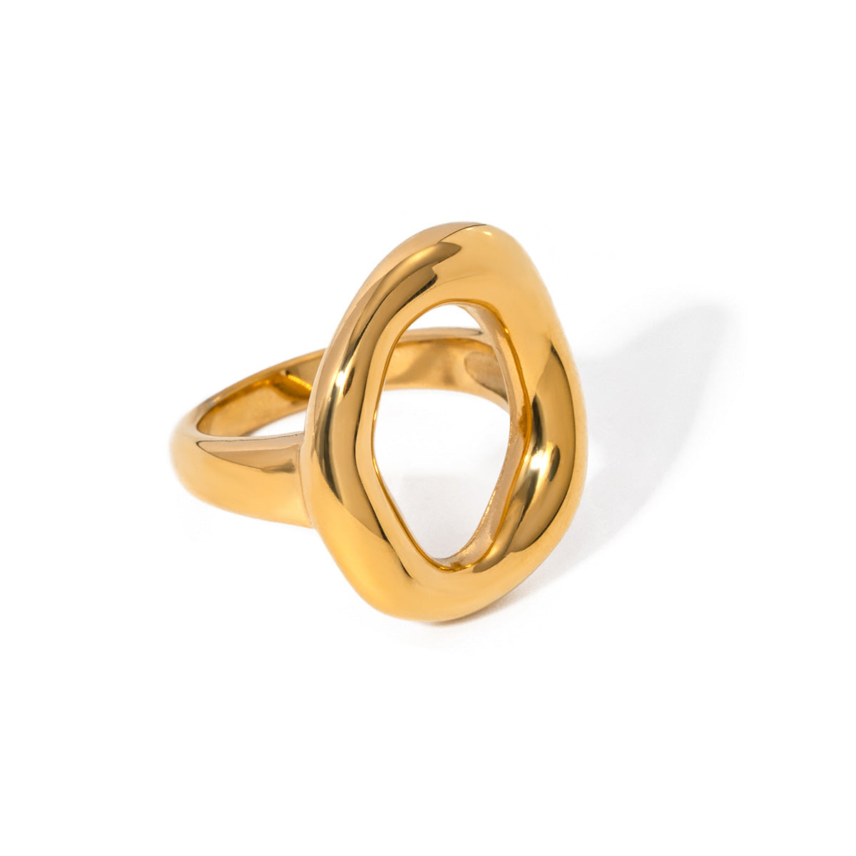 Minimalist Geometric 18K Gold Plated Stainless Steel Hollow Oval Ring for Women