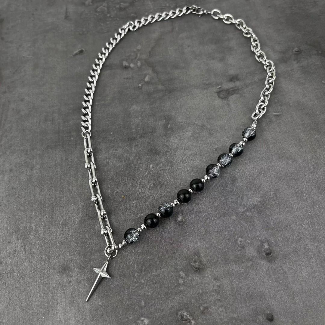 Collana in Acciaio al Titanio da Uomo Stile Hip-Hop con Ciondolo a Stella e Croce con Dettagli a Perline Effetto Ghiaccio Locket Minimalista Unisex