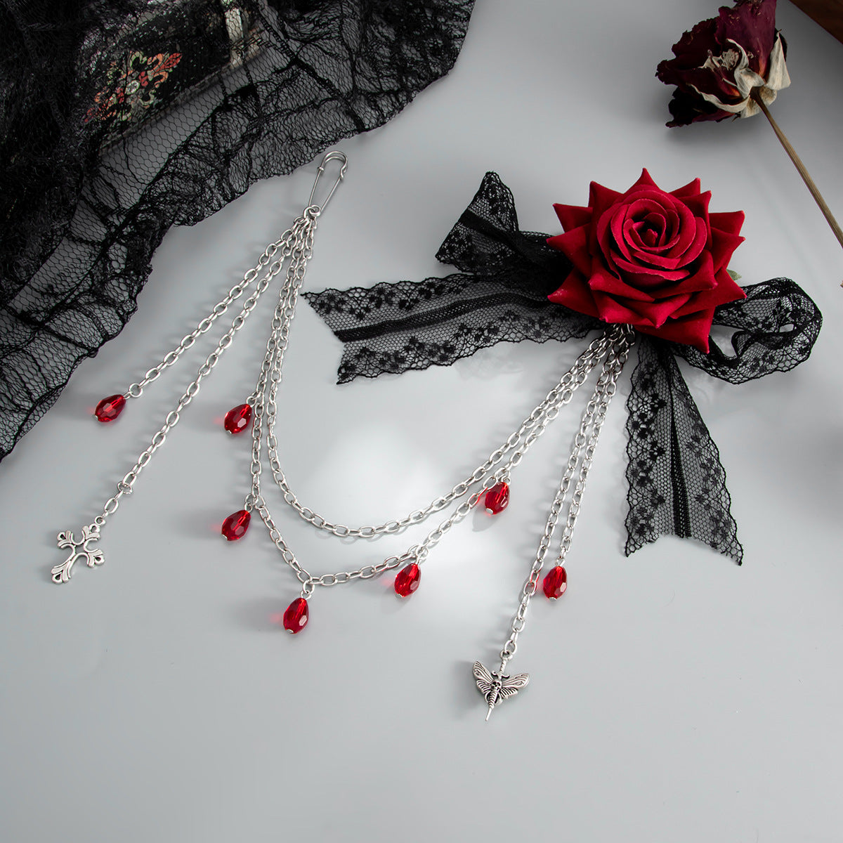 Gothic Vintage Rose Moth Iron Plated Brooch with Tassel
