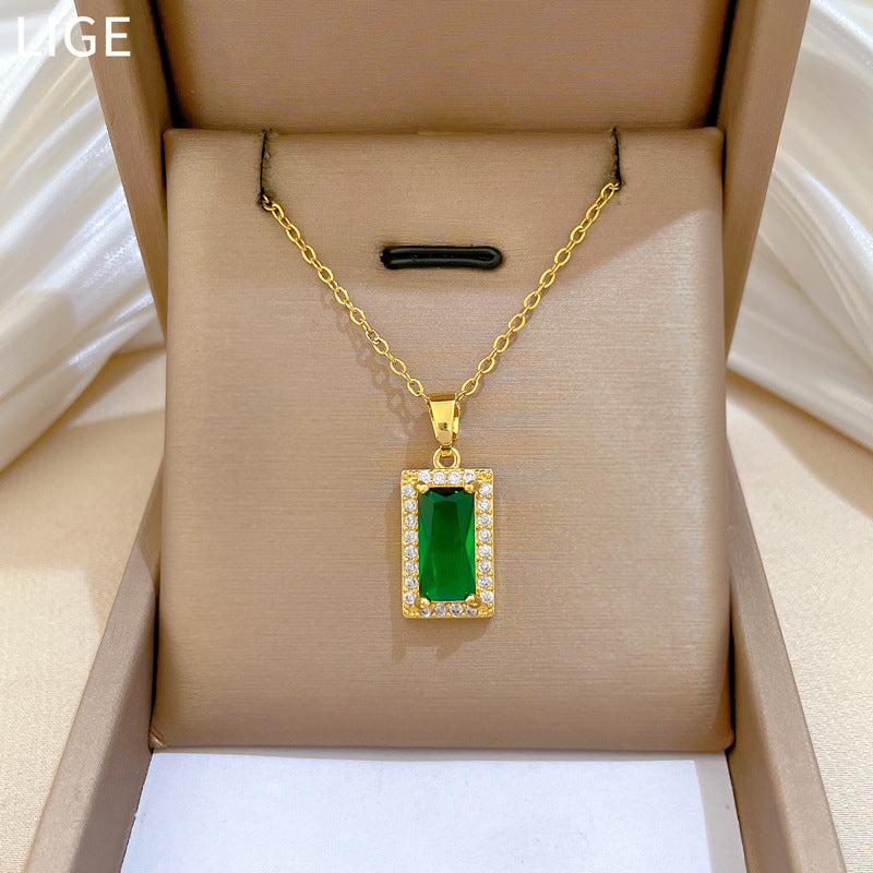 Sweet Minimalist Green Square Geometric Rhinestone Pendant Titanium Steel Necklace for Unisex