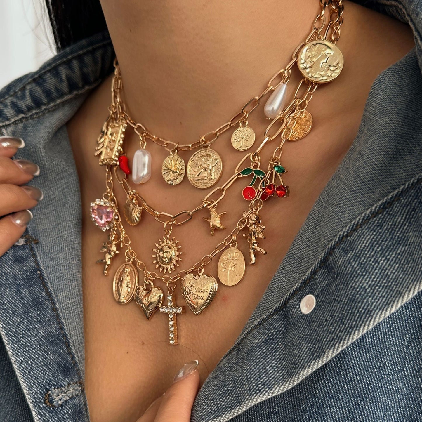 Casual Heart Cross Rhinestone Plated Alloy Necklace Layered Cable Chain for Women