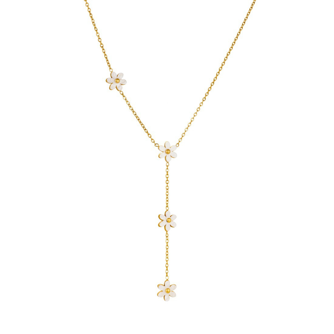 Sweet Gold Plated Stainless Steel Floral Tassel Y-Shape Chain Necklace for Women