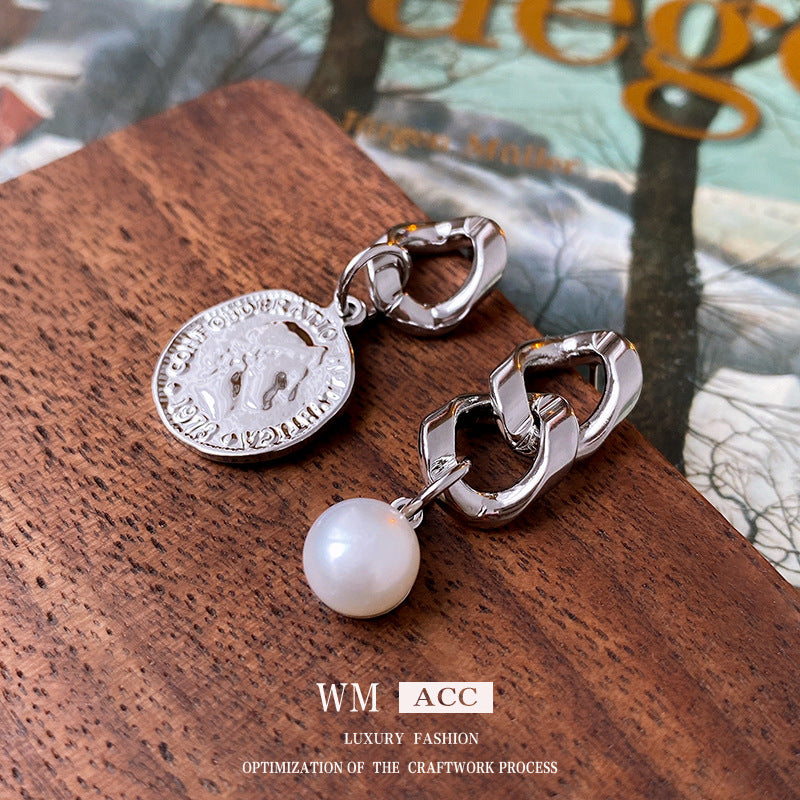 Chic Asymmetrical Metal Portrait Pearl Earrings with Geometric Shape Electroplated Steel Posts for Women