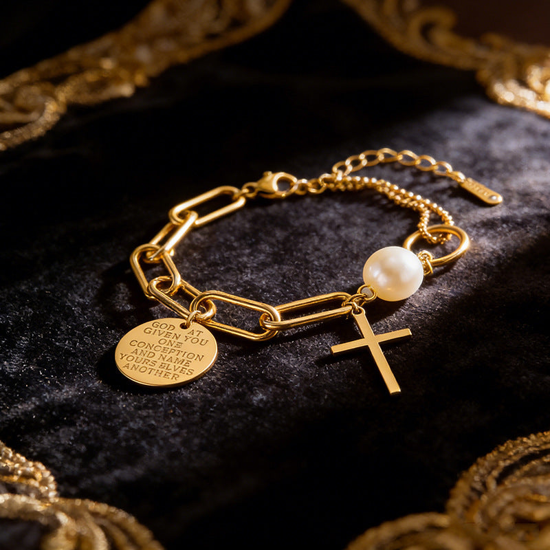 Vintage Minimalist 18K Gold Plated Stainless Steel Cross Pearl Paperclip Bracelet