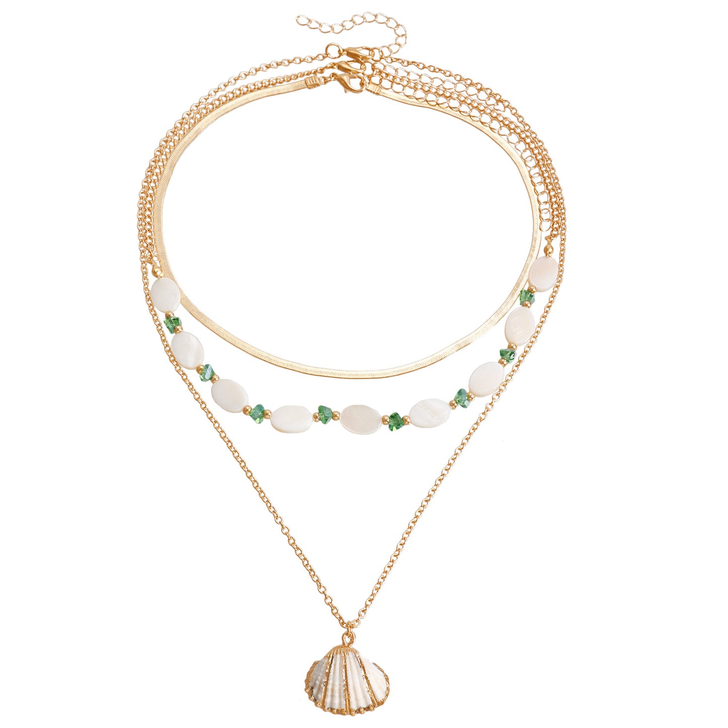 Vintage Ocean-Inspired Multi-Layer Clavicle Necklace with Oval Mother-of-Pearl Beads and Geometric Shell Pendant in Plated Finish