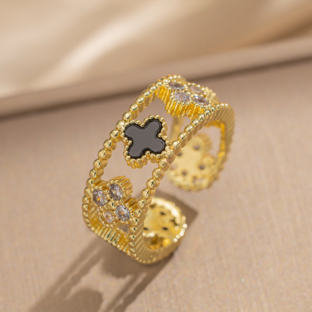 Luxury Minimalist Adjustable Open Ring for Women with Gold-Plated Copper Band and Zircon Stone Accent in Heart and Floral Shape