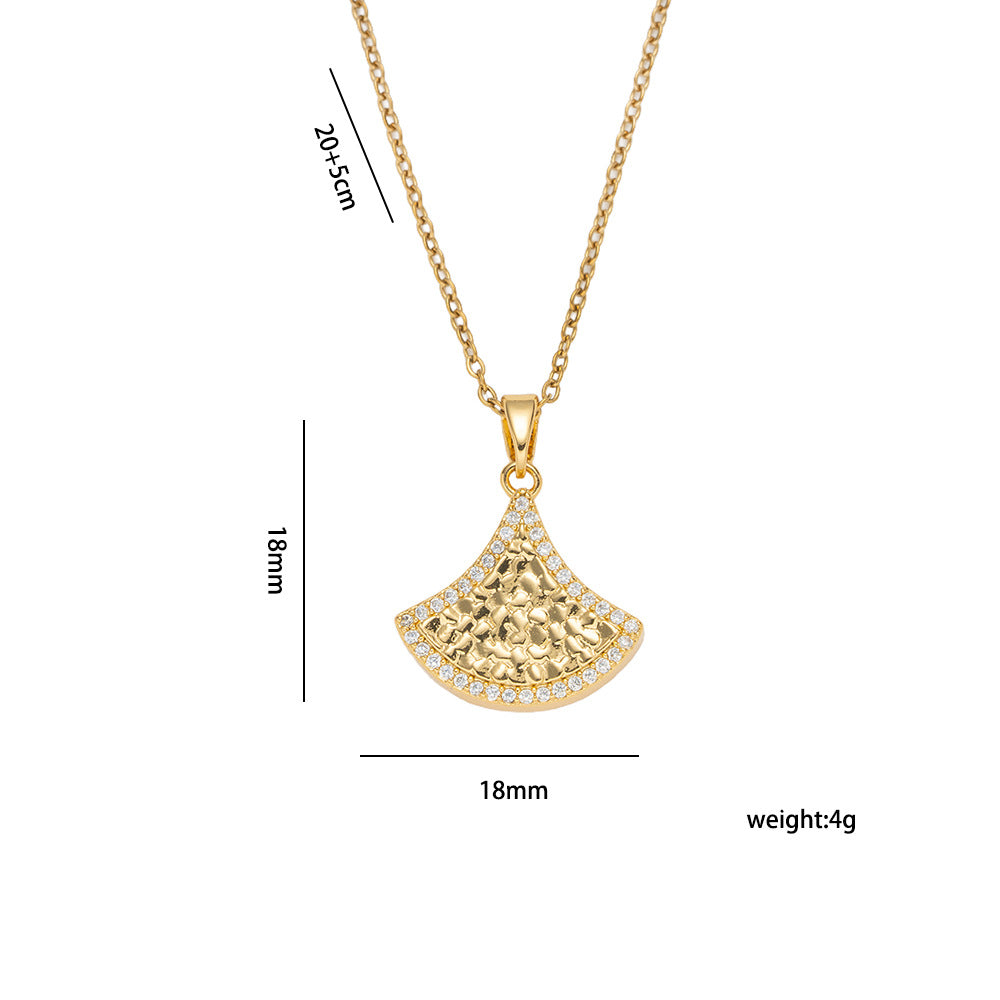 Luxury Minimalist Fan-Shaped Skirt Pendant Necklace in Titanium Steel with Zircon Inlay and Gold Plating for Women